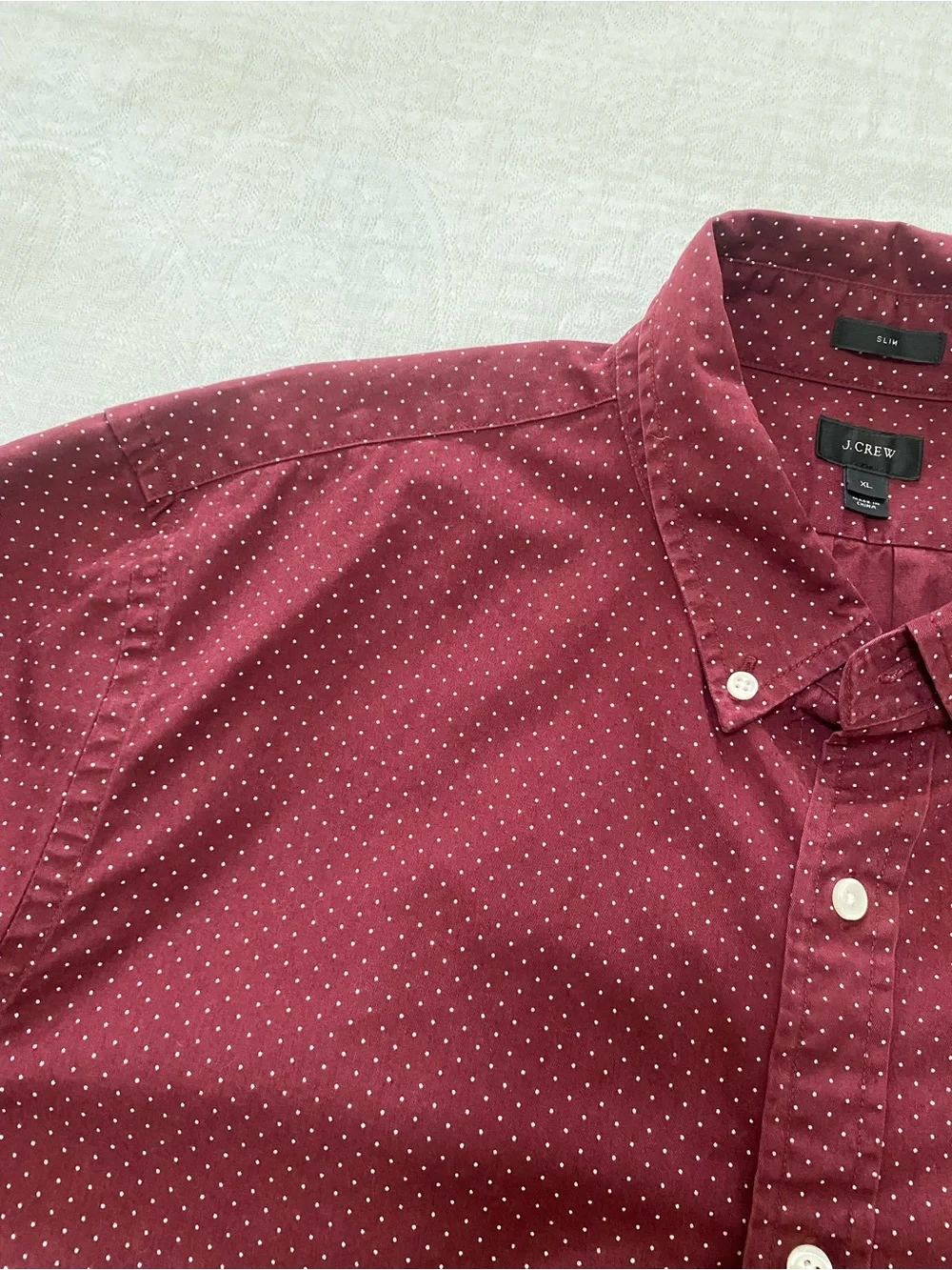 J.Crew Mens XL Slim Fit Polka Dot Button Down Shirt Burgundy Cotton Long Sleeve